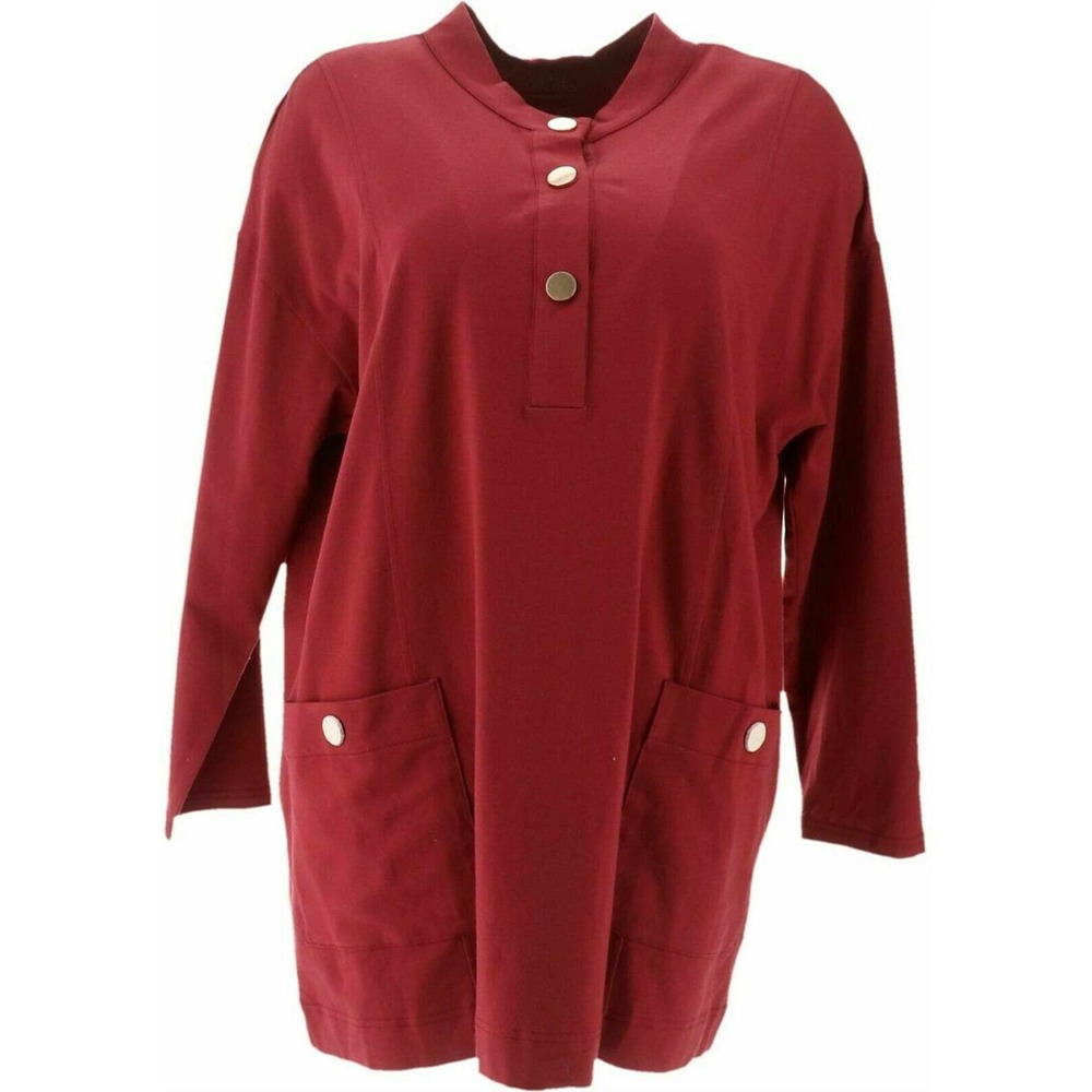 Bob Mackie XX-Small Cotton Modal Tunic Top with Pockets Wine 2XS XXS